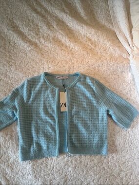 Zara  Sky Blue Knit Cropped Cardigan Jacket. Size M